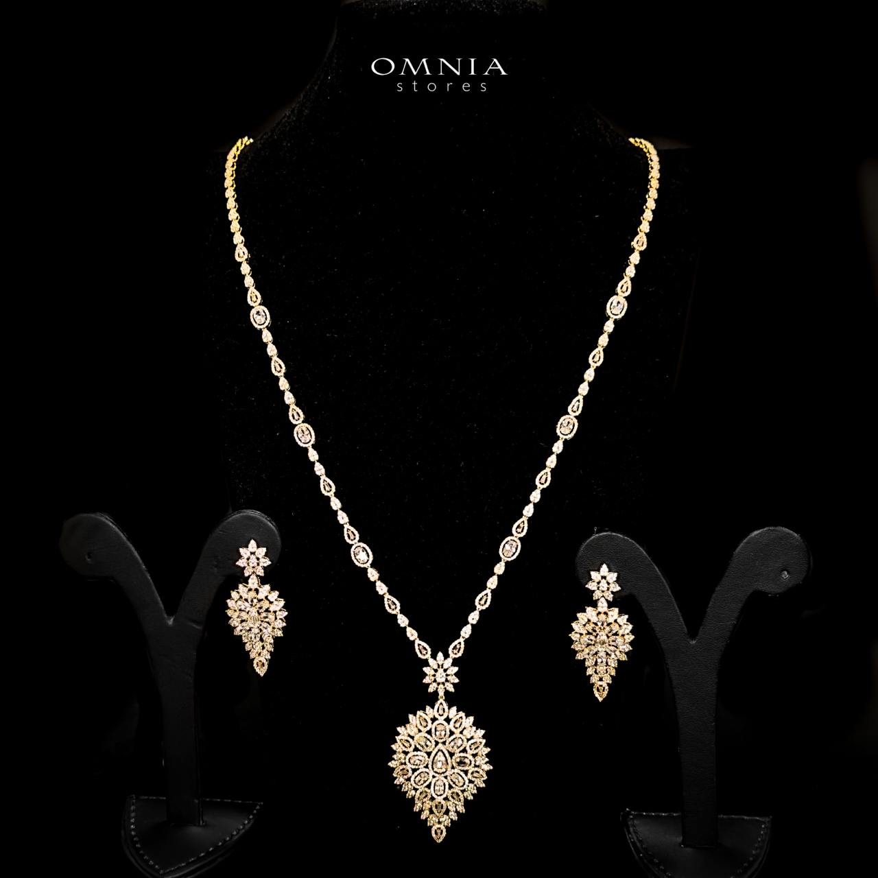 Omnia Hasmaa Golden Bridal Long chain Set In Rhodium Plated with High Quality Zircon Stone - OMNIASTORES UAE
