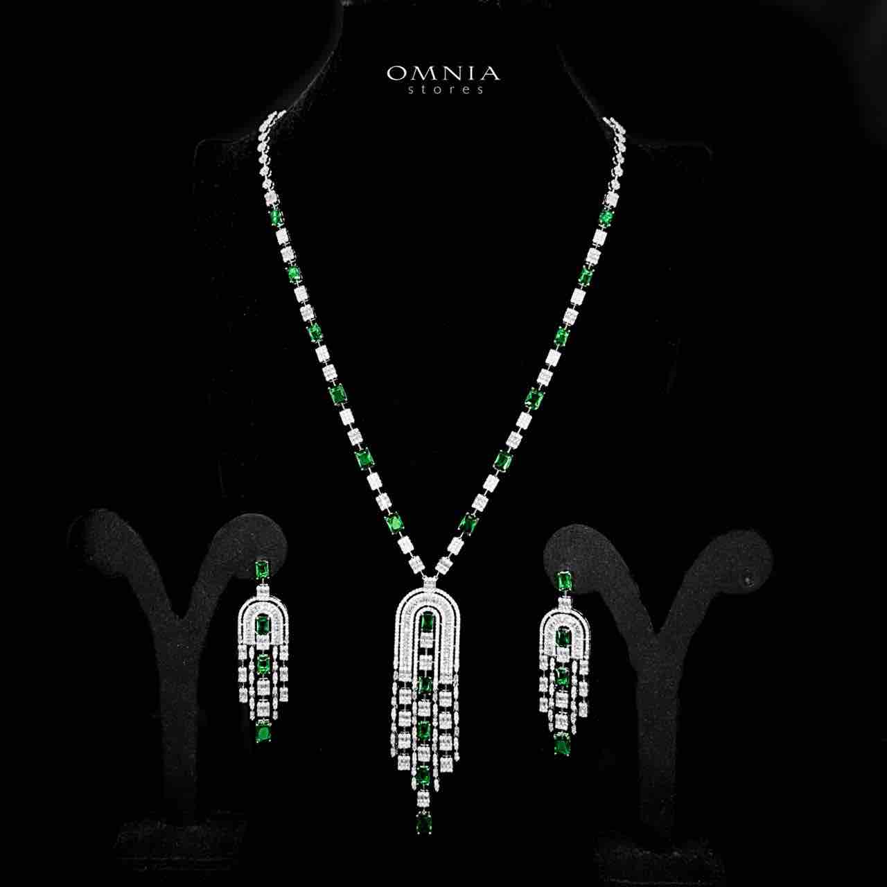 Omnia Jane Bridal Green Long Chain Set in Rhodium Plated Finish with High-Quality Zircon Stones - OMNIASTORES UAE