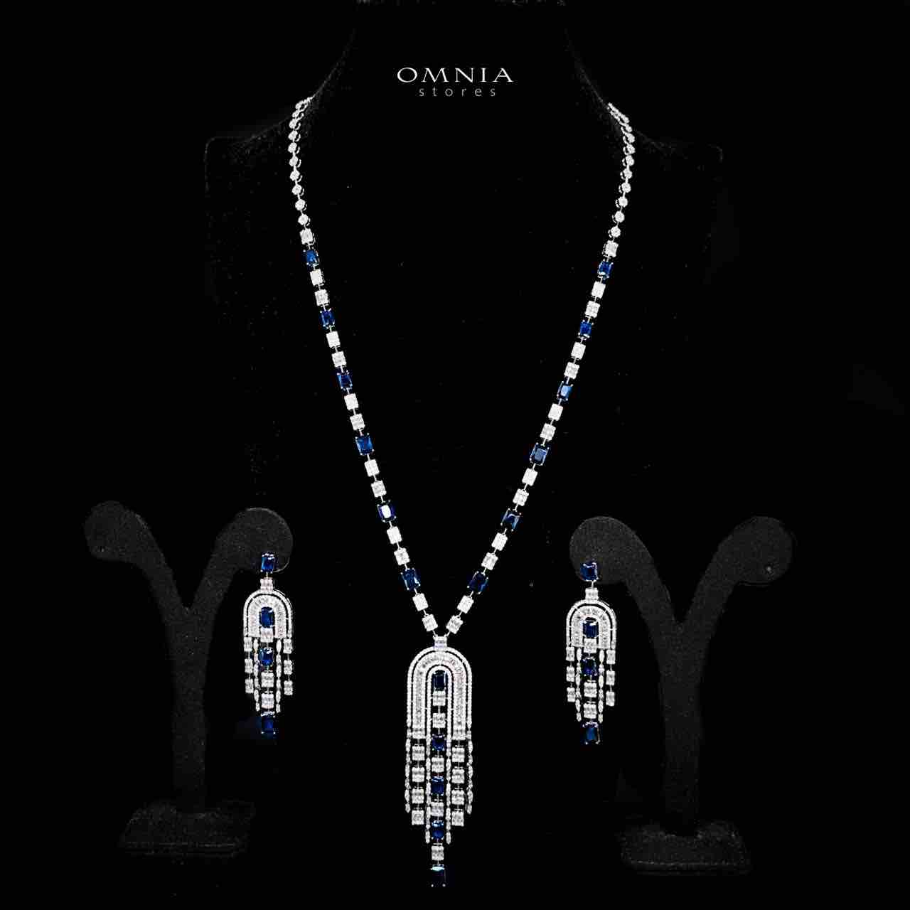 Omnia Jane Blue Bridal Long Chain Set in Rhodium Plated Finish with High-Quality Zircon Stones - OMNIASTORES UAE