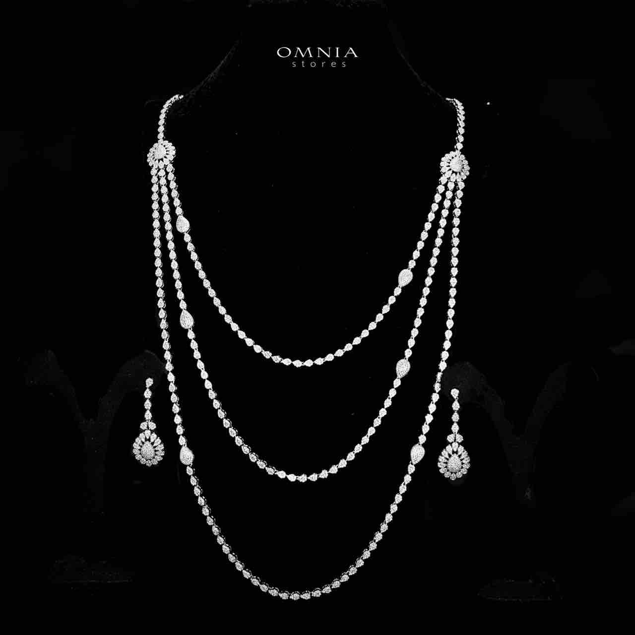 Omnia Faiha Bridal Long Chain Set in Rhodium Plated Finish with High-Quality White Zircon Stones - OMNIASTORES UAE