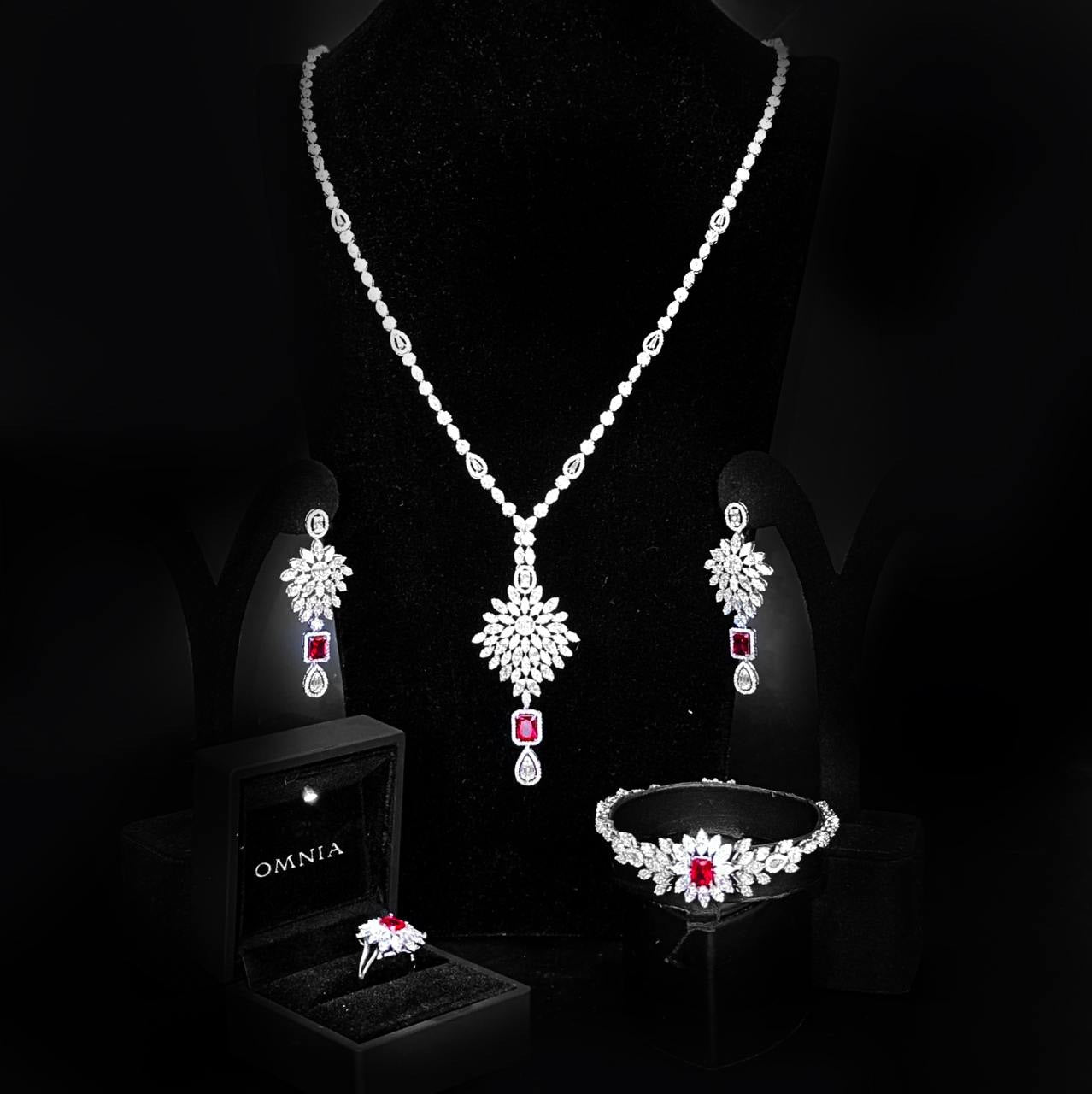 Omnia Duha Red Long Chain Full Set Accessories in High Quality Zircon Stone Rhodium Plated - OMNIASTORES UAE