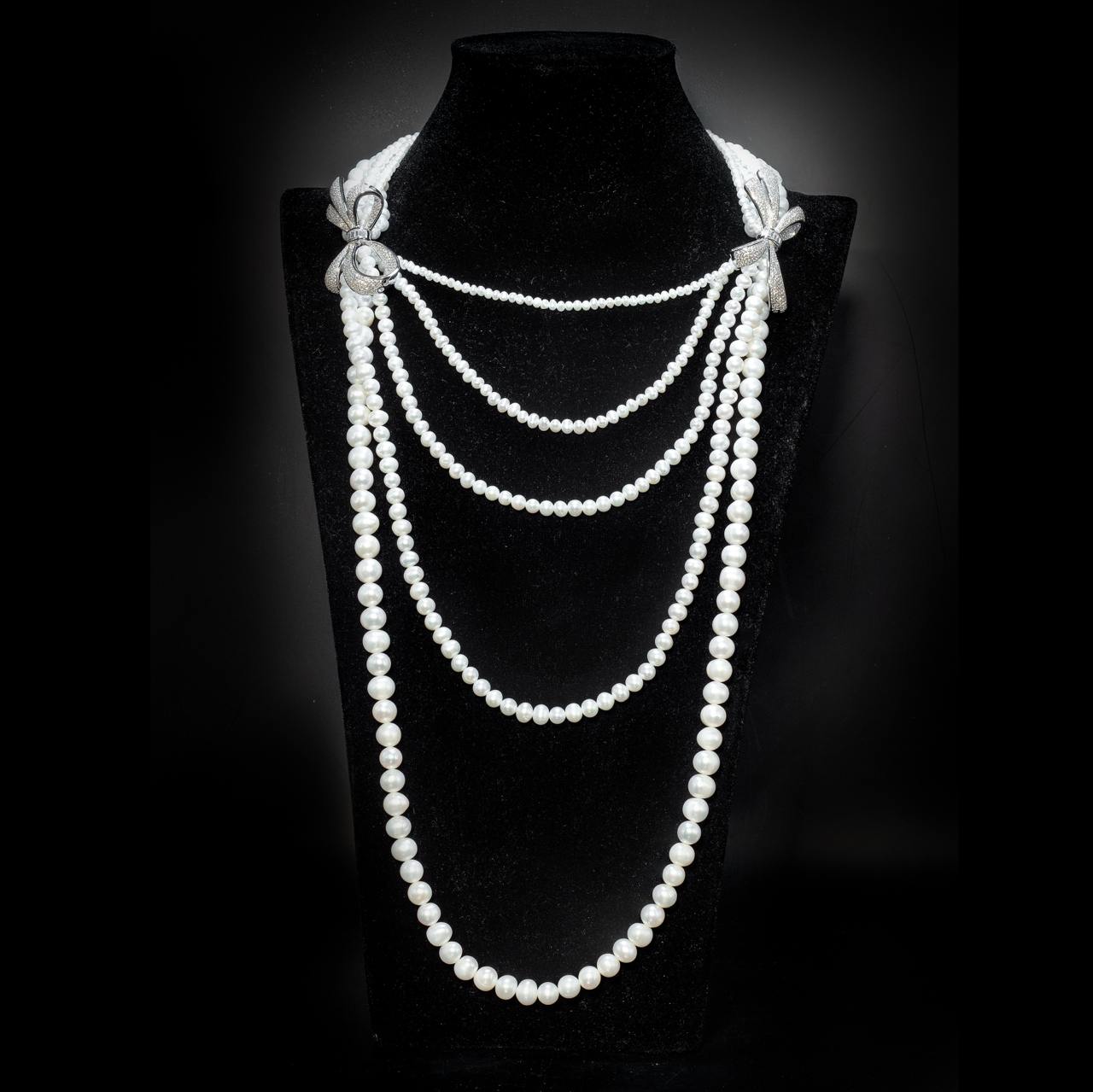 Omnia Almas Bow Fresh Water Pearl Long Chain Necklace with High Quality Simulated Diamonds