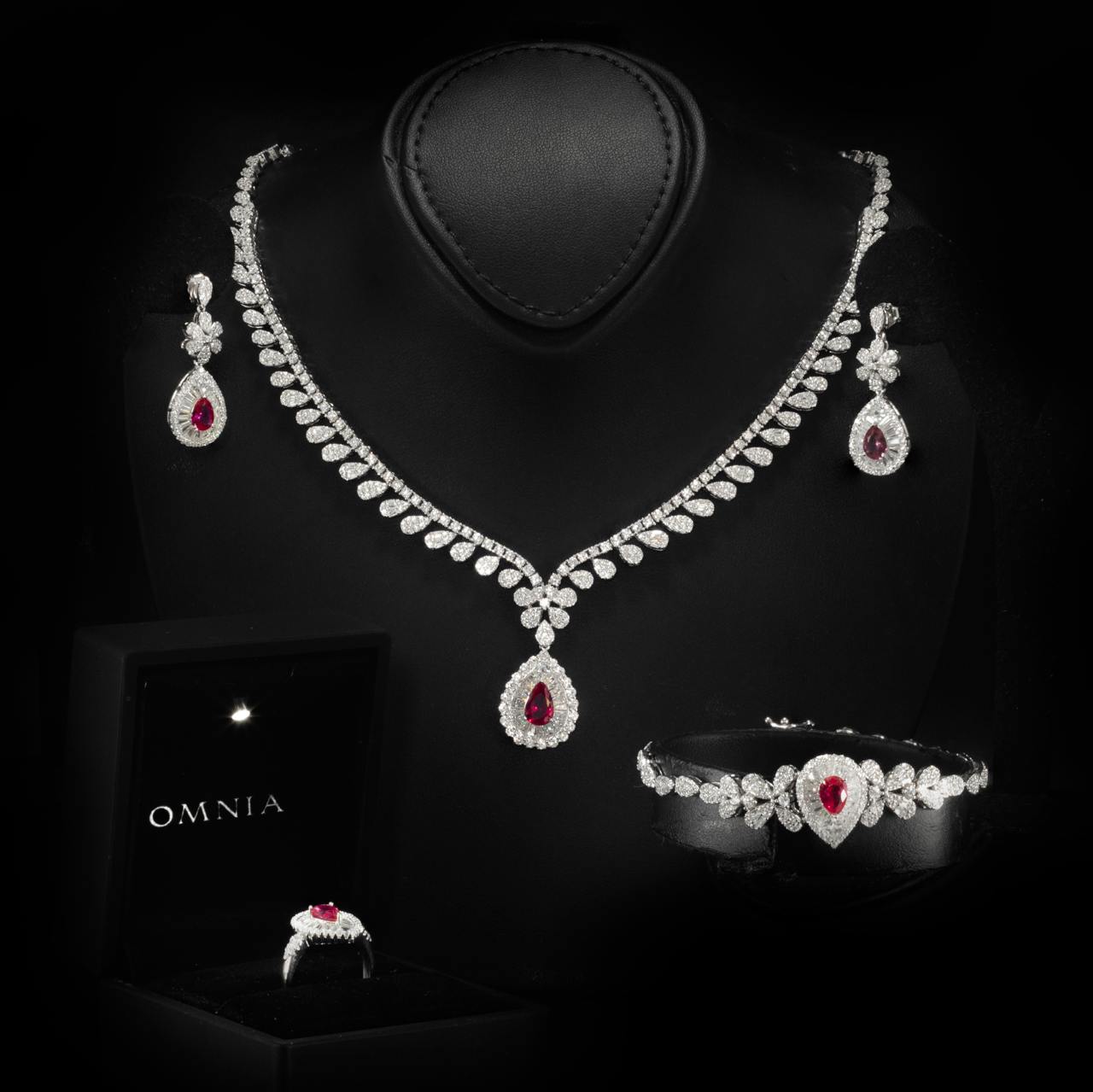 Omnia Sophia Maroon Teardrop Bridal Full Set in 925 Silver with High Quality Simulated Diamonds - OMNIASTORES UAE