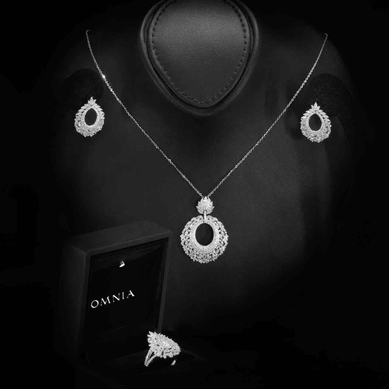 Omnia Samirah White Necklace, Earrings and Ring Set in 925 Silver with High Quality Simulated Diamonds - OMNIASTORES UAE