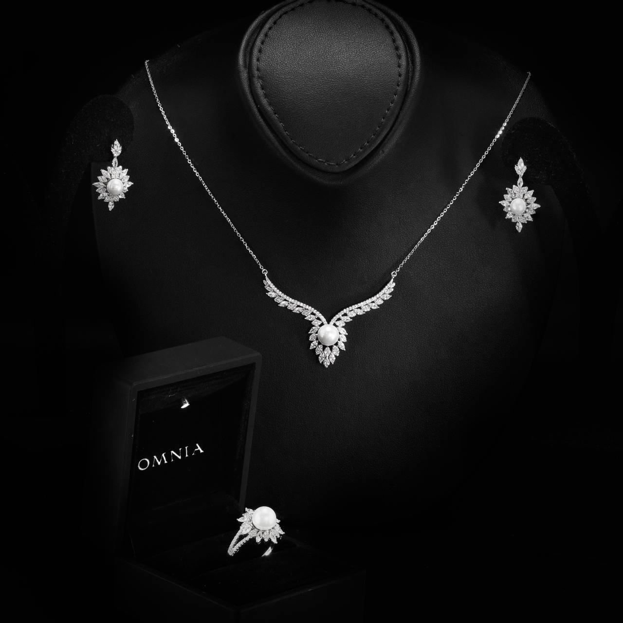 Omnia Nawal White Pearl Necklace, Earrings and Ring Set in 925 Silver with High Quality Simulated Diamonds - OMNIASTORES UAE