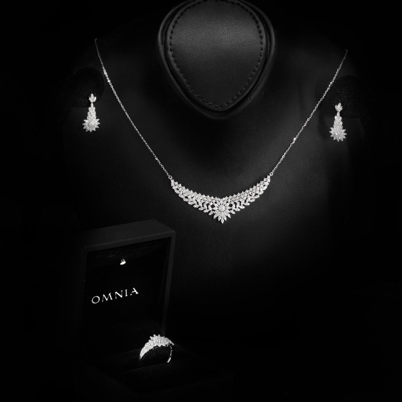 Omnia Rawiya White Necklace, Earrings and Ring Set in 925 Silver with High Quality Simulated Diamonds - OMNIASTORES UAE