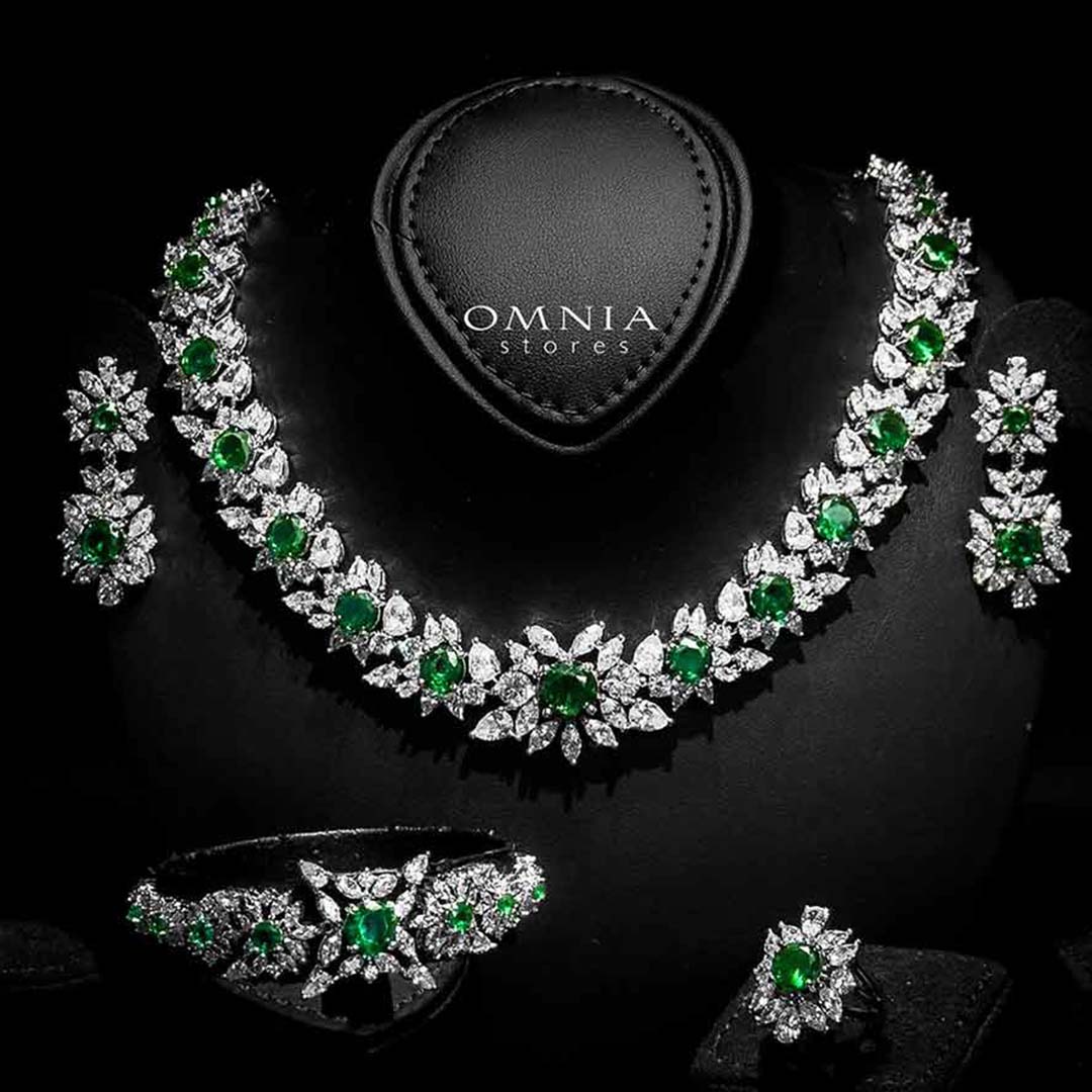 Omnia Nareen Green Bridal Full Set in High Quality Zircon Stone Rhodium Plated - OMNIASTORES UAE