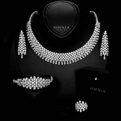 Omnia Taybah White Luxury Bridal Set In Rhodium Plated with High Quality Zircon Stones