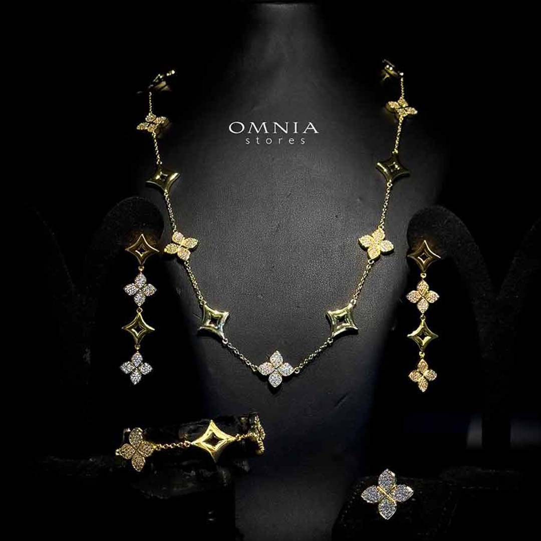 Omnia Golden Clove Long Chain Full Set with High-Quality Simulated Diamonds 18k Gold Plated 100cm - OMNIASTORES UAE