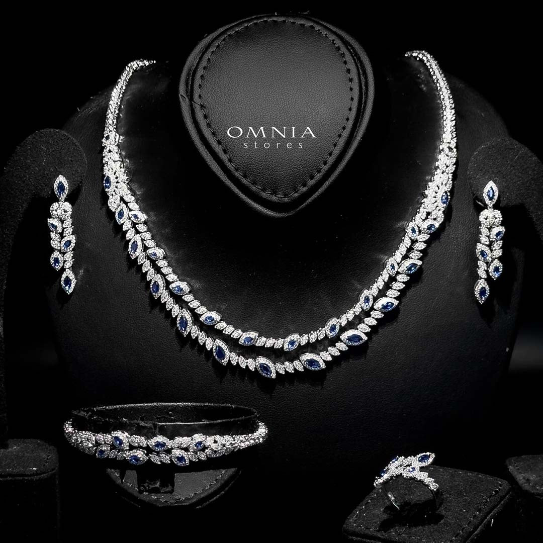 Omnia Nada Blue Bridal Full Set in High Quality Zircon Stone Rhodium Plated - OMNIASTORES UAE