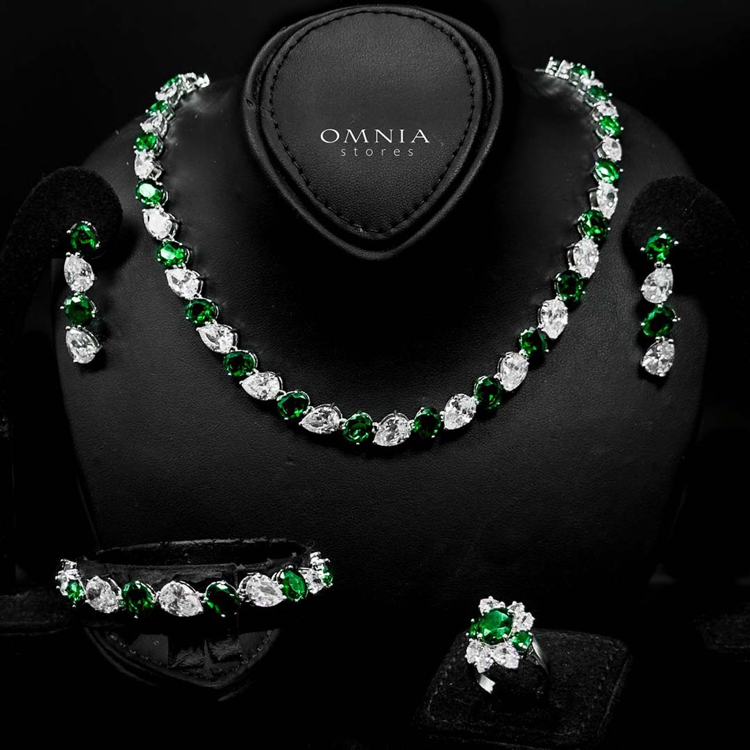 Omnia Lamia Green and White Bridal Full Set with High-Quality Simulated Diamonds Rhodium Plated