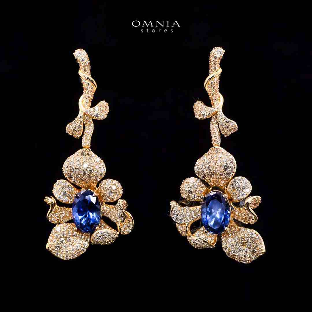 Omnia Margot Flower Design Golden Blue Drop Earrings in 925 Silver with High-Quality Simulated Diamonds