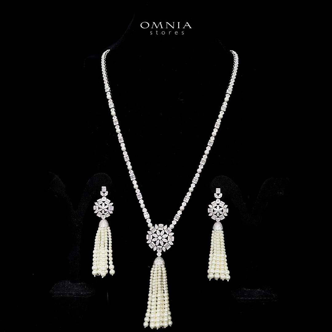 Omnia Khawlah White Bridal Long chain Pearl Set Accessories in High Qu