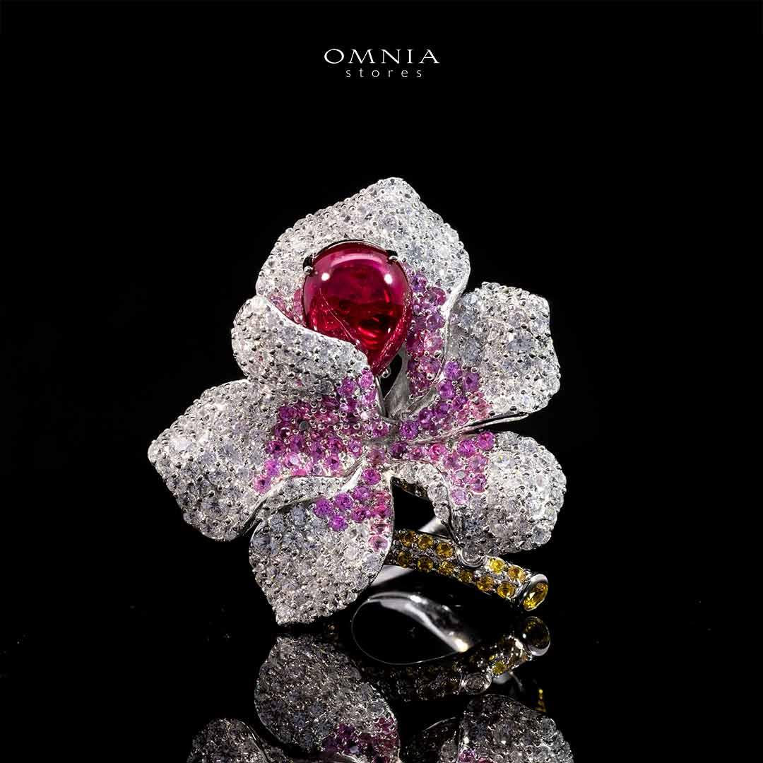 Omnia Lily Flower Ring With Pink And Red Stones with High Quality Simulated Diamonds