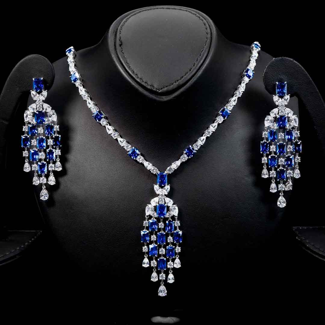 Omnia Israa Blue Necklace & Earrings Set In 925 Silver High Quality Simulated diamonds