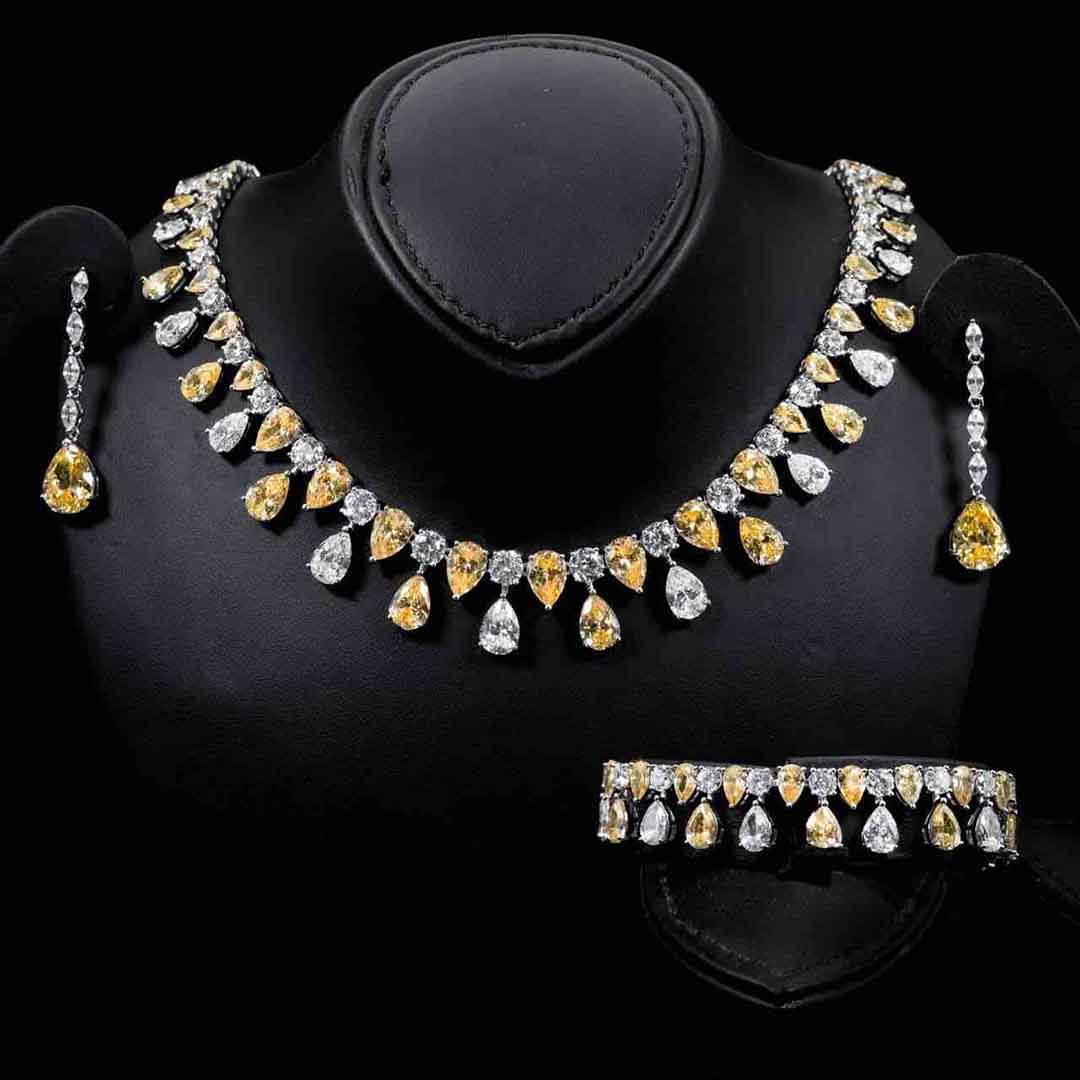 Omnia Asil Yellow Necklace ,Earrings & Bracelet Set In 925 Silver High Quality Simulated diamonds
