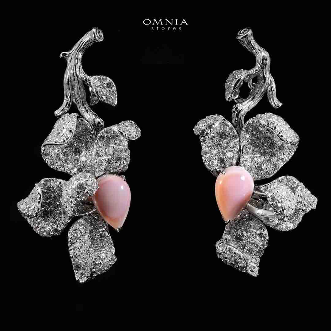 Omina Iman Pink Coral Leaf Earrings in 925 Silver with High Quality Simulated Diamond Stones