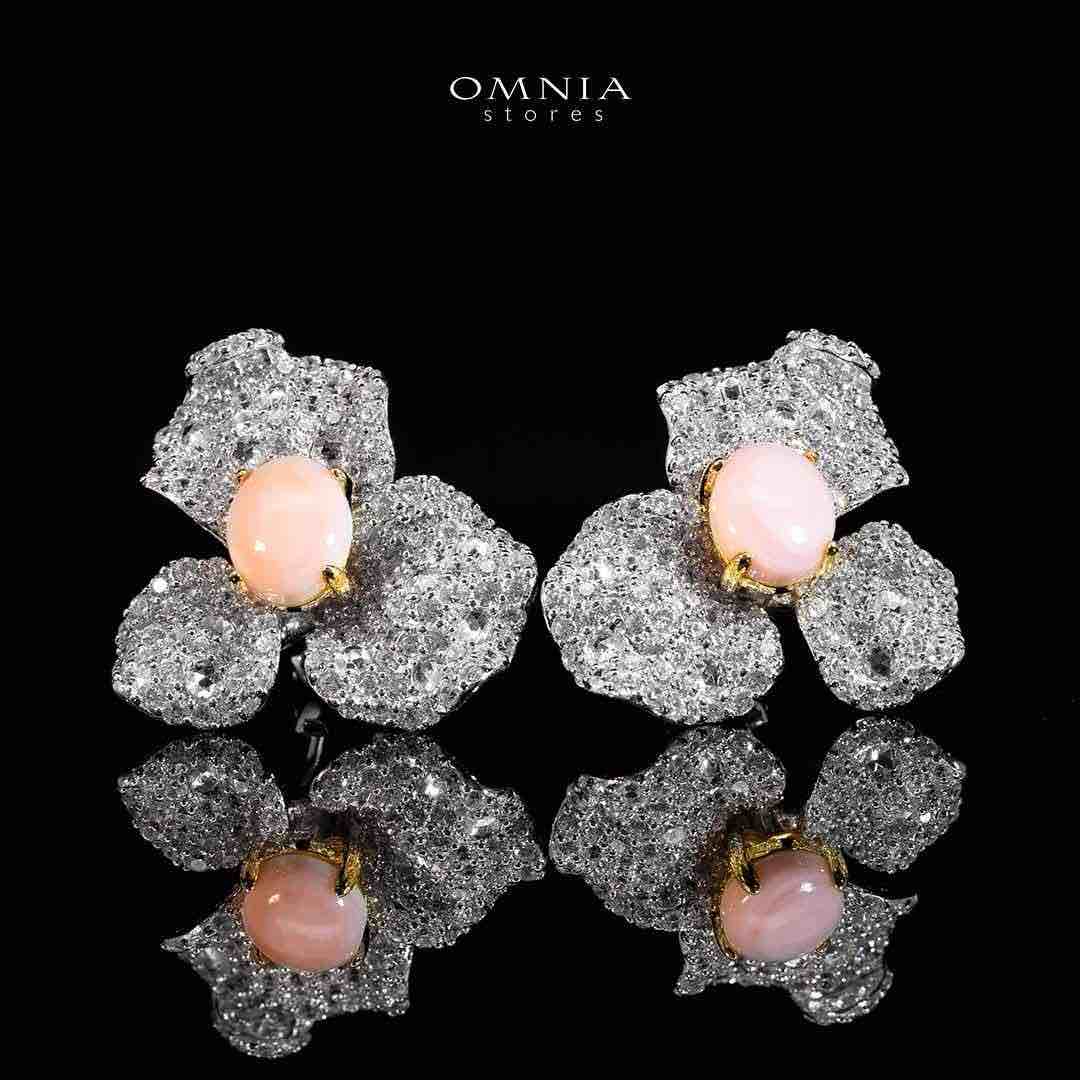Omnia Lubaina Pink Coral Flower Earrings in 925 Silver Accessories High Quality Simulated Diamonds