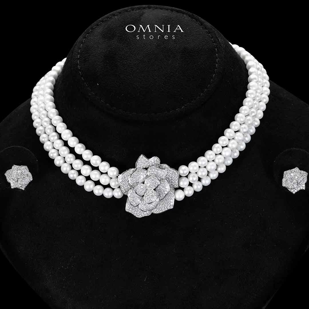 Omnia Nazira Silver Pearl Necklace and Flower Earrings in 925 Silver Accessories High Quality Simulated Diamonds