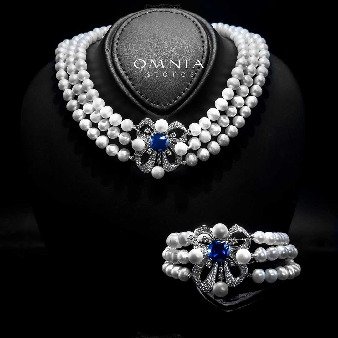 Mahboobeh Blue Pearl Necklace and Bracelet Set in 925 Silver with High Quality Simulated Diamonds