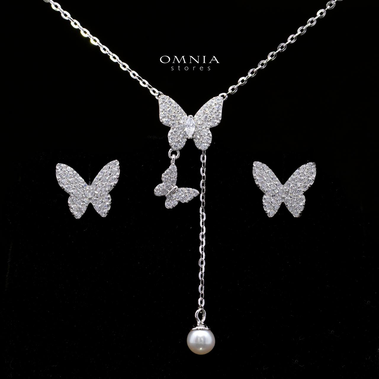 Daniella Butterfly Necklace with Pearl Drop & Earrings Set in 925 Sterling Silver with Premium Cubic Zircon Stones