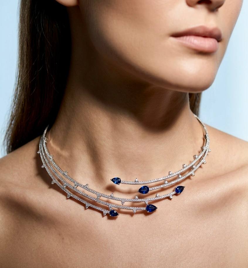 Yuliana Luxury Blue Bridal Full Set with High-Quality Premium Zircon Stones, Rhodium-Plated