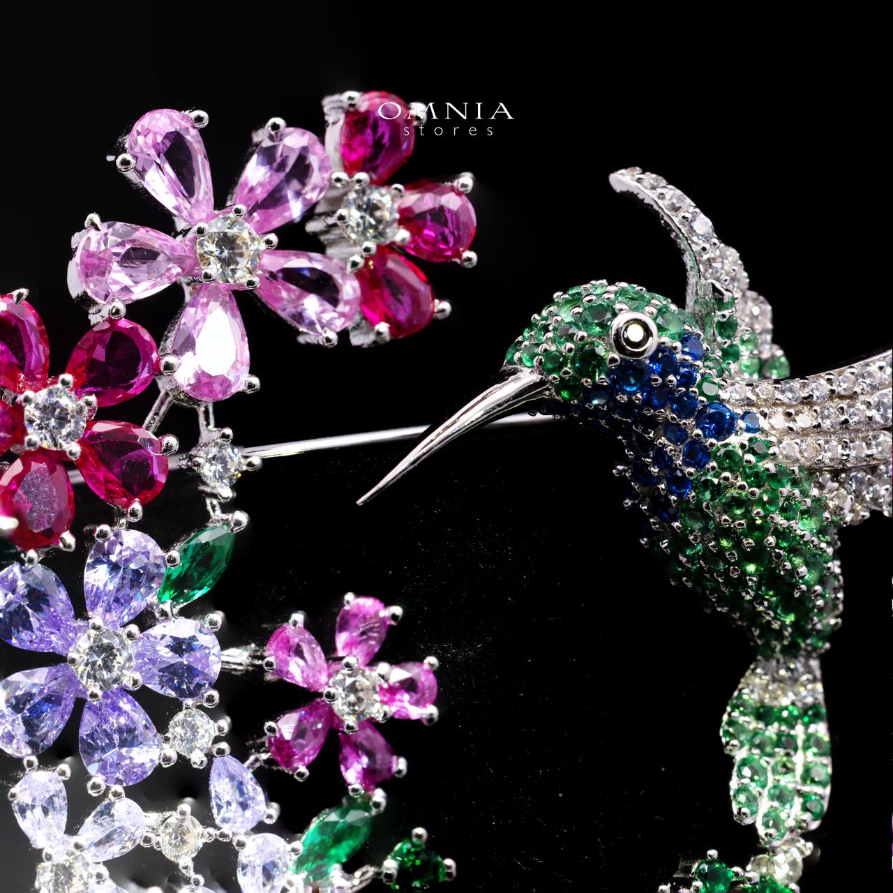 Khalisa Hummingbird & Floral Garden Brooch – Premium Multi-Color Simulated Diamonds in 925 Sterling Silver