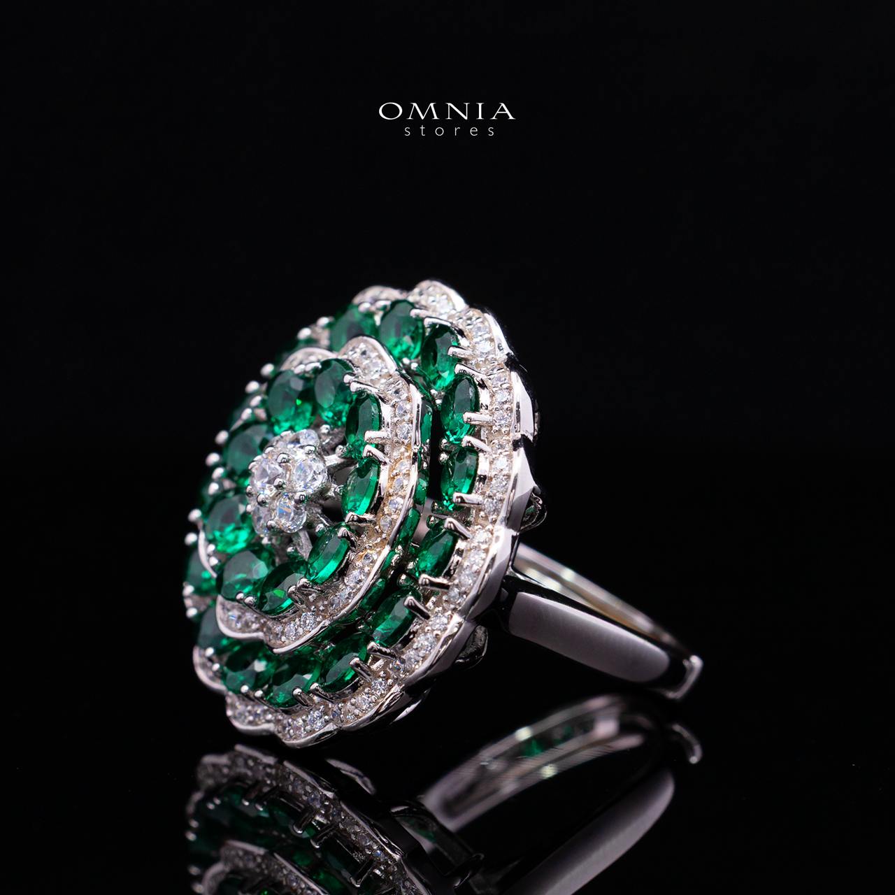 Omnia Nayeli Floral Halo Ring with Emerald Green Simulated Diamonds in 925 Silver