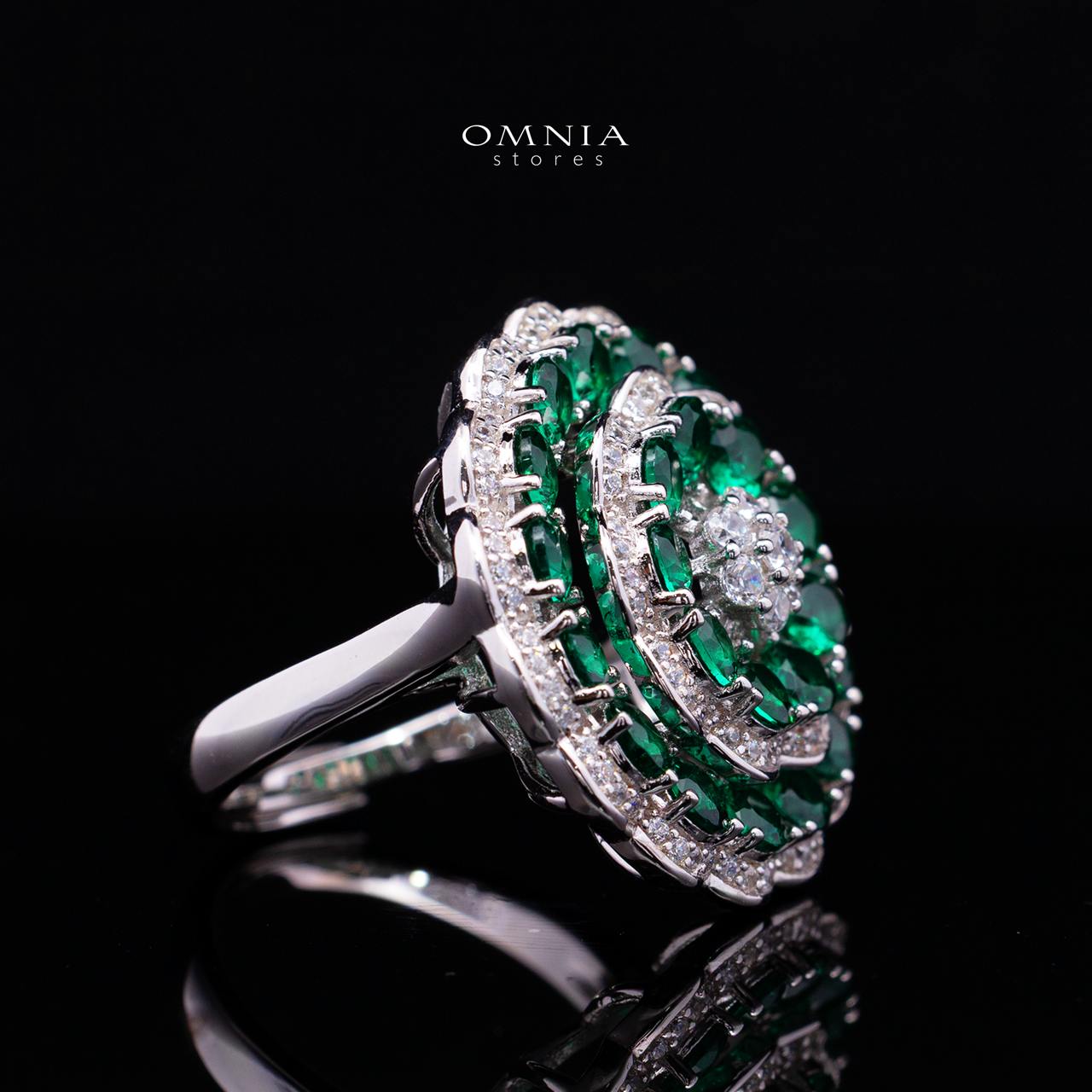 Omnia Nayeli Floral Halo Ring with Emerald Green Simulated Diamonds in 925 Silver