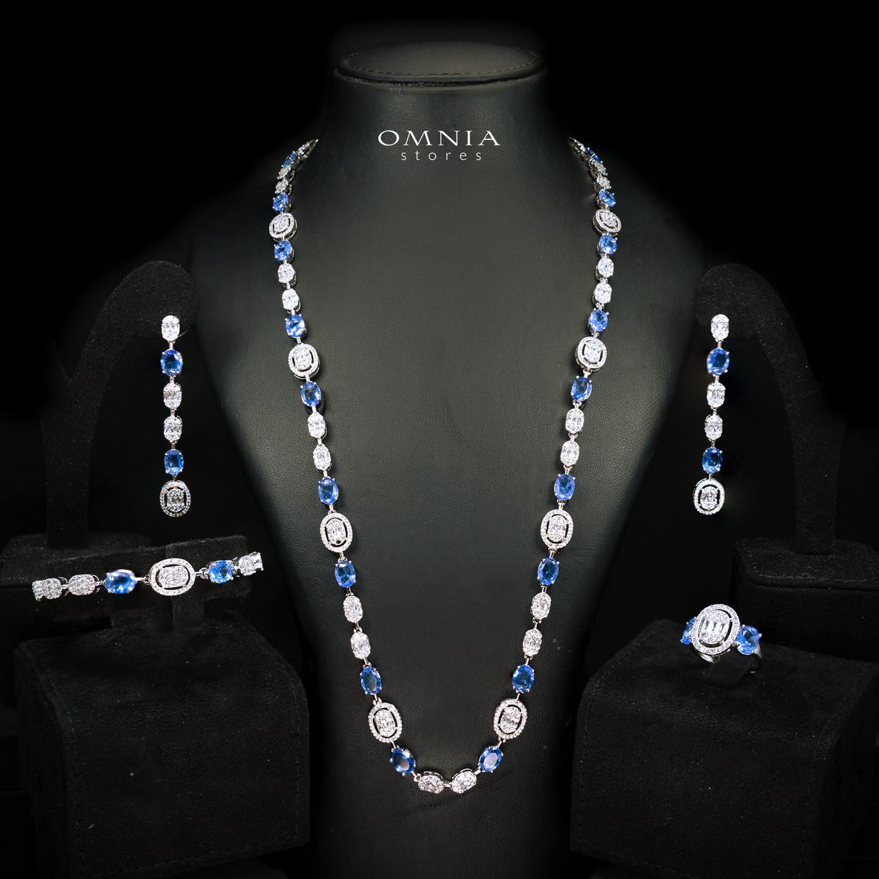 Fairuz Blue Luxury Full Set with Long Chain, High Quality Premium Zircon Stones & Rhodium Plated Finish