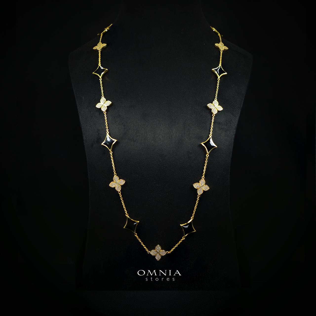 Omnia Golden Clove Black Long Chain Full Set with High-Quality Simulated Diamonds 18k Gold Plated 100cm