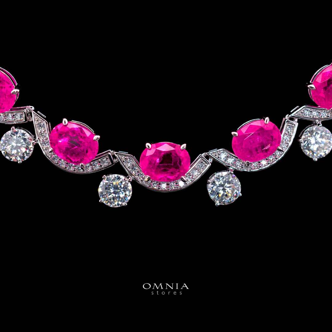 Omnia Saraya Silver Pink Necklace In 925 Silver With High Quality Lab Crafted Stones 43CM