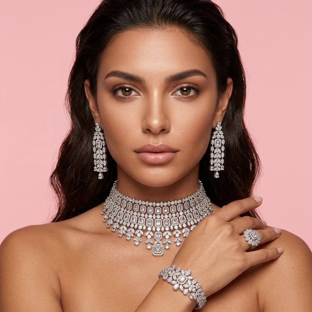 Omnia Kaila Luxury Bridal White Choker Full Set in High Quality Zircon Stone Rhodium Plated