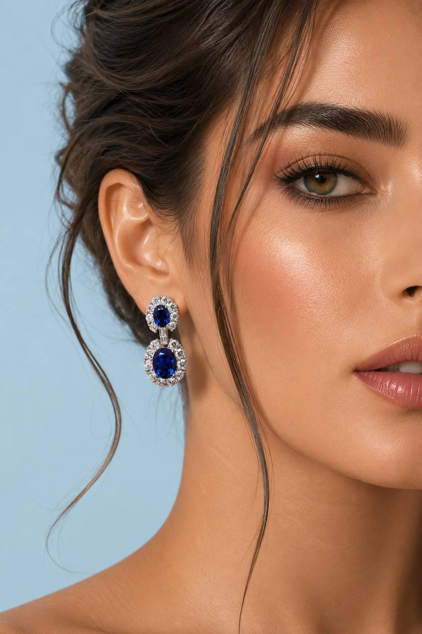 Nalia Lab Grown Blue Sapphite Stones With GRC Certified Oval Drop Earrings in 925 Silver