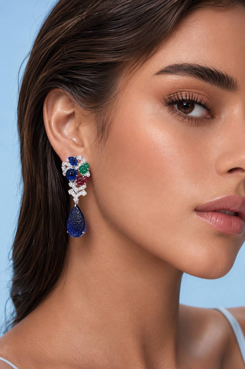 Allison Multicolor Floral Design Double Pearl Drop Earrings with High-Quality Simulated Diamonds in 925 Silver