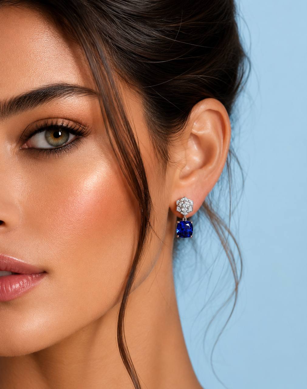 Khansa Lab Grown Blue Sapphite Stones With GRC Certified Rose Design Drop Earrings in 925 Silver
