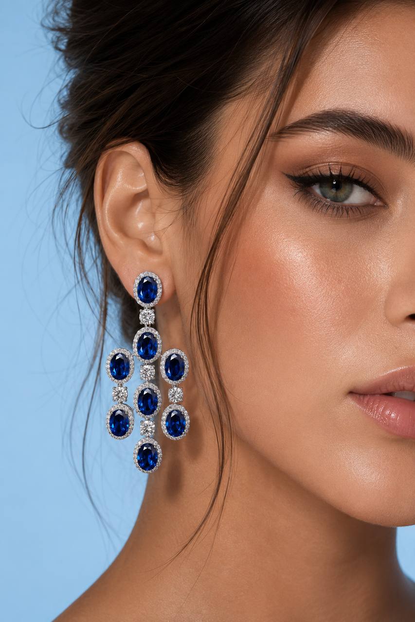 Olyssia Blue Drop Earrings with High-Quality Premium Simulated Diamonds in 925 Sterling Silver
