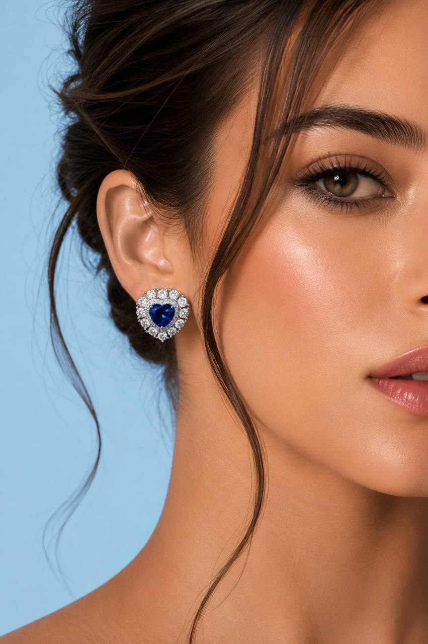 Mahasin Lab Grown Sapphire Blue Stones With GRC Certified Heart Shape Earrings in 925 Silver