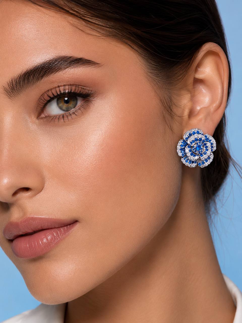 Safiyah Blue Rose Stud Earrings 925 Sterling Silver | Premium Brilliant-Cut Simulated Diamonds