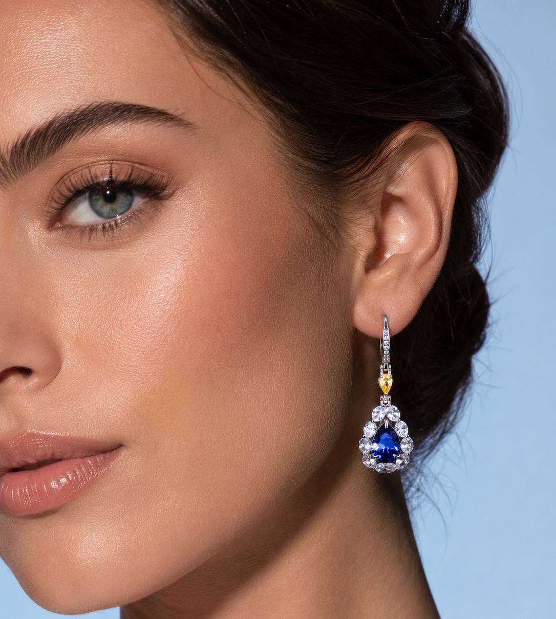 Omnia Amarah Blue & Yellow Stone Drop Earrings in 925 Silver with High Quality Simulated Diamonds
