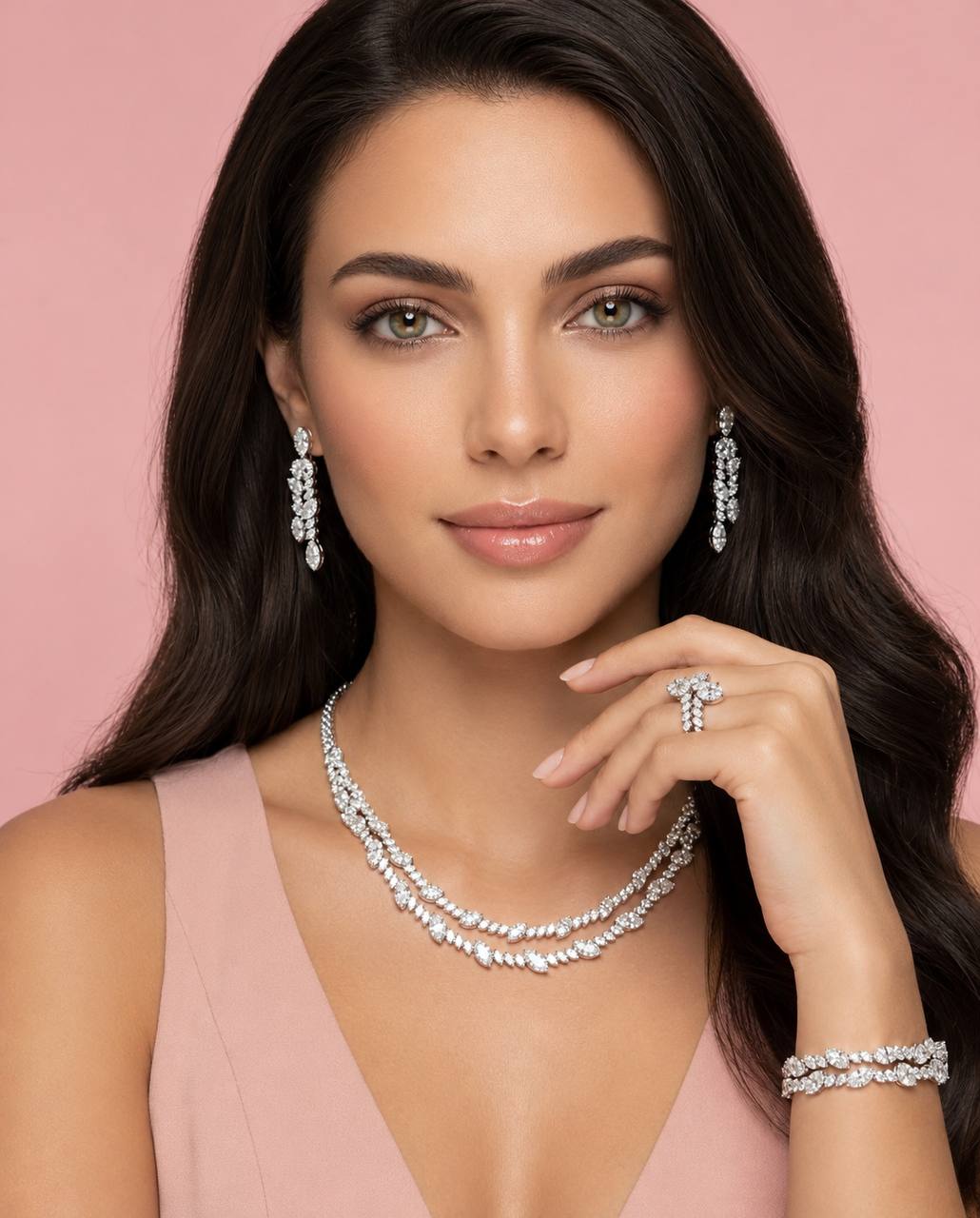 Omnia Nada White Bridal Full Set in High Quality Zircon Stone Rhodium Plated