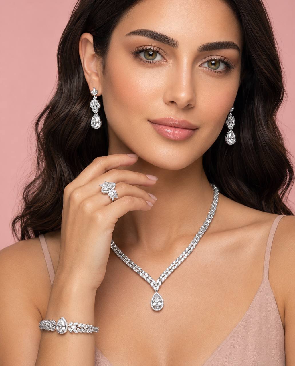 طقم زفاف أمنية أميرة على شكل دمعة من الكريستال الأبيض مع أحجار الزركون عالية الجودة مطلية بالروديوم