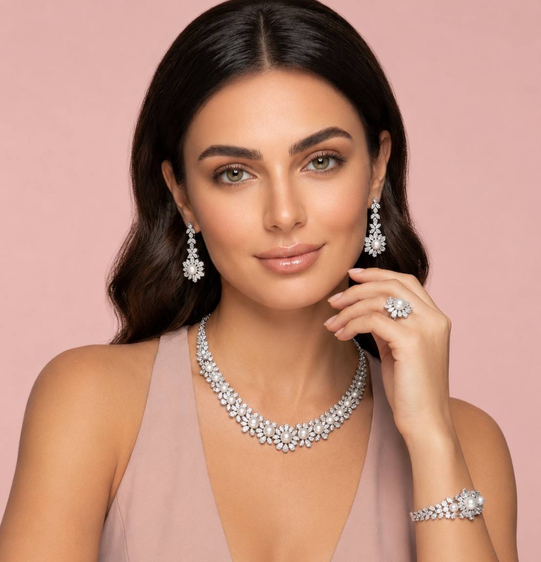 Omnia Rukaya Floral Pearl Luxury Bridal Full Set – High-Quality Zircon & Rhodium Plated Jewelry