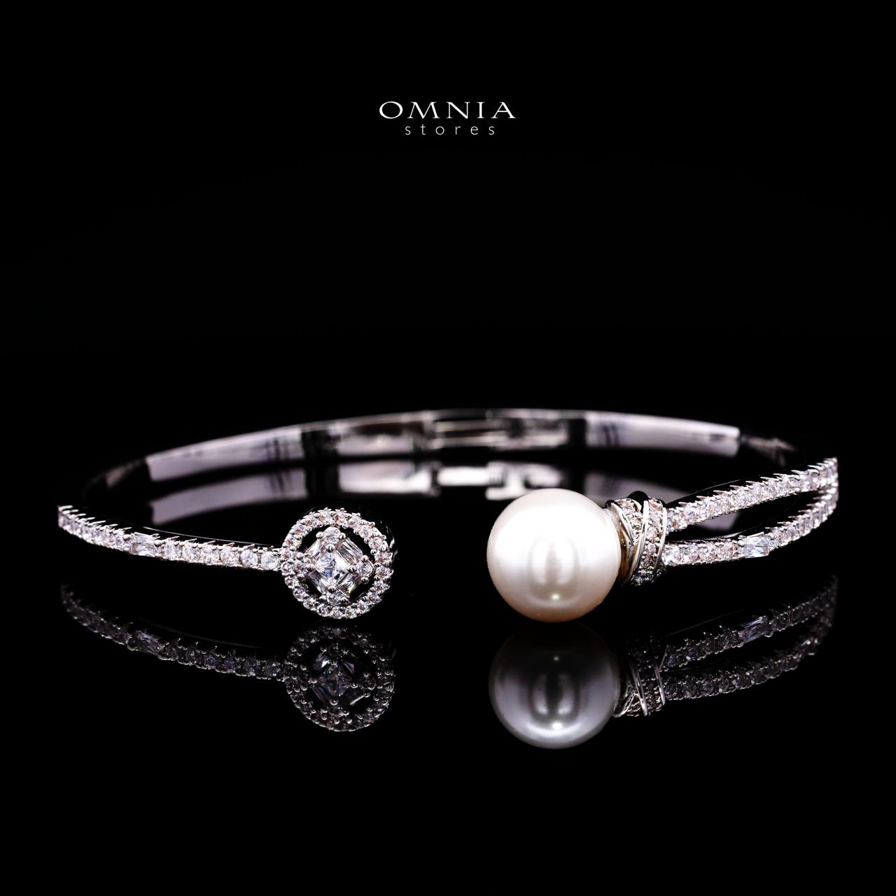 Nilda Pearl Bangle & Ring Set with Premium Simulated Diamonds in Rhodium-Plated Alloy
