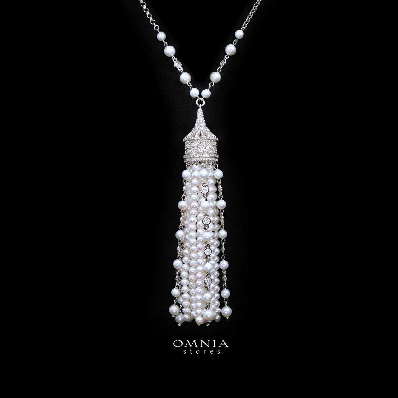 Nuriyah Pearl Necklace and Earrings Set with High-Quality Premium Simulated Diamonds in 925 Sterling Silver