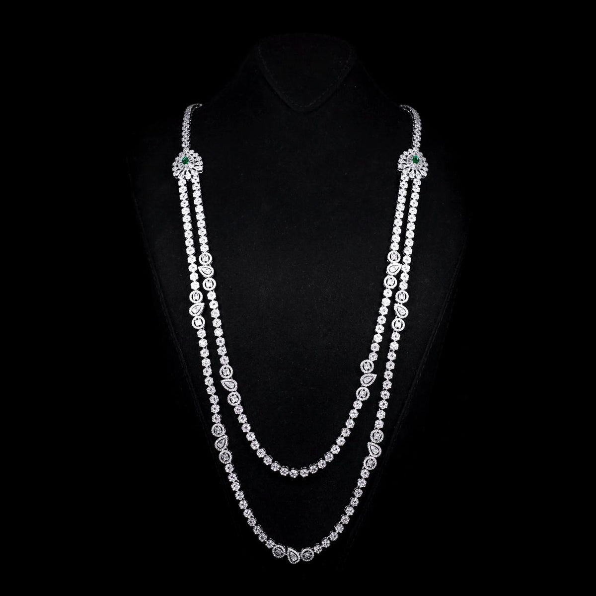 Omnia Ahad Bridal Green Long Chain Set In Rhodium Plated With High Quality Zircon Stones