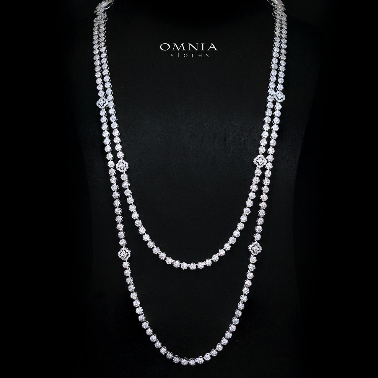 Ismeria White Long Chain Necklace and Earring Set with High-Quality Simulated Diamonds and Rhodium Plating