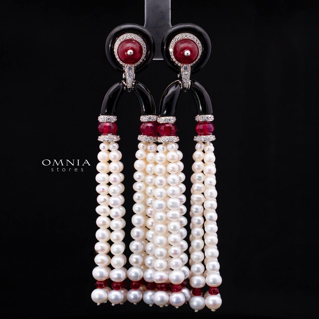 Irfana Red Pearl Drop Earrings with High-Quality Premium Simulated Diamonds in 925 Sterling Silver