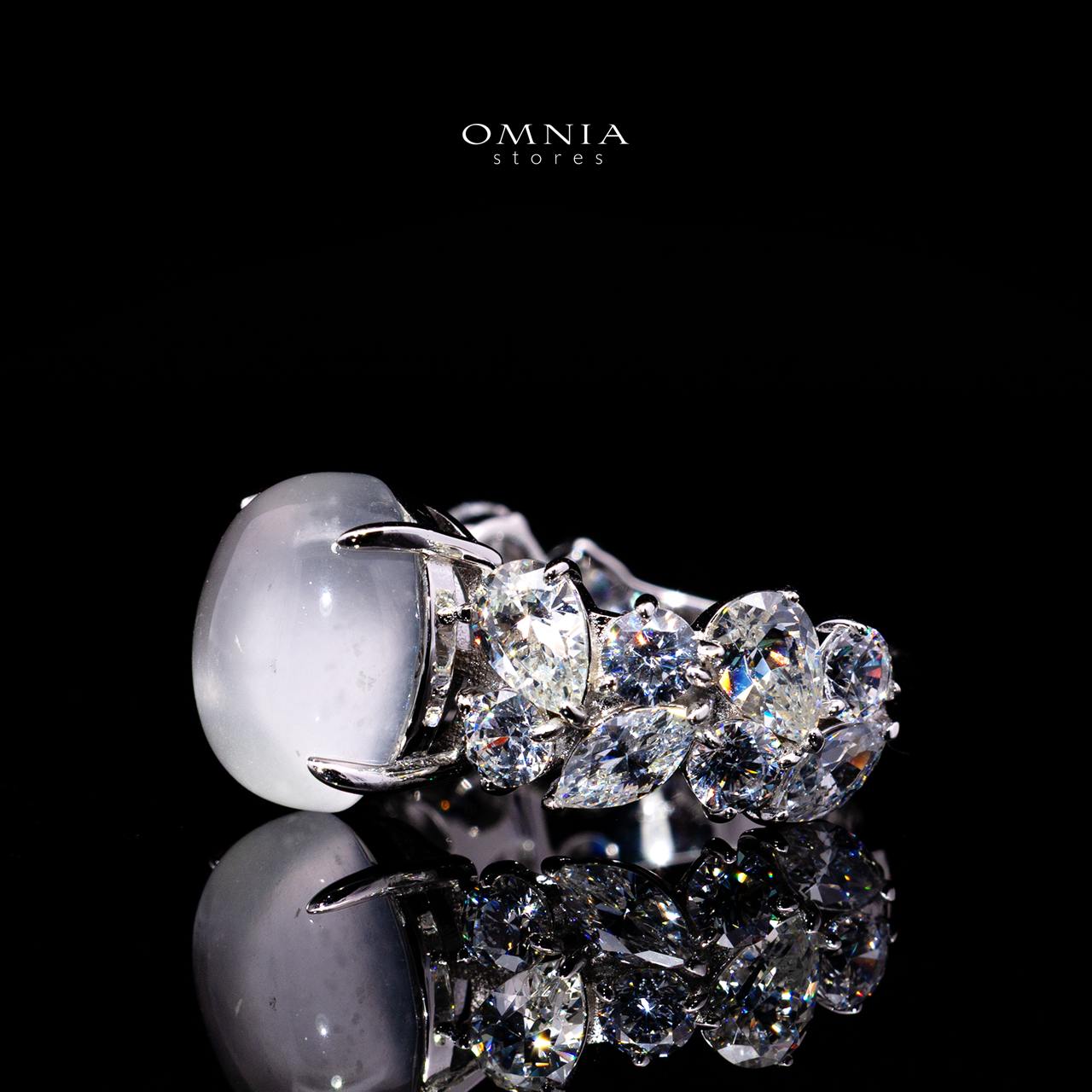 Bela Moonstone Ring with Certified Premium Simulated Diamonds in 925 Sterling Silver
