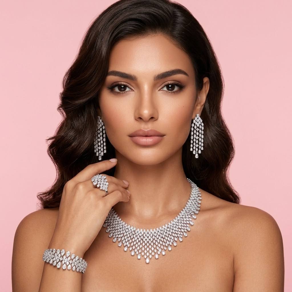 Omnia Raawiya White Luxury Bridal Set In Rhodium Plated with High Quality Zircon Stones